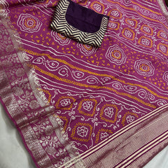 RUSSIAN SILK ZARI LEHERIYA BHANDEJ SAREE