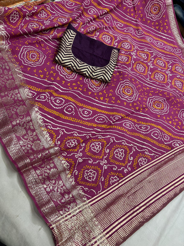 RUSSIAN SILK ZARI LEHERIYA BHANDEJ SAREE