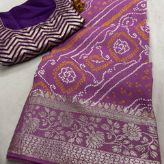 RUSSIAN SILK ZARI LEHERIYA BHANDEJ SAREE