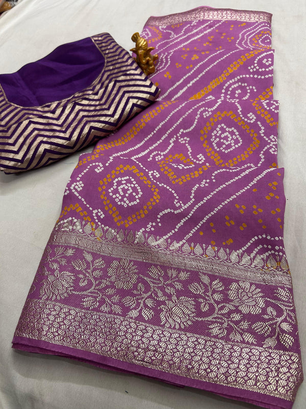 RUSSIAN SILK ZARI LEHERIYA BHANDEJ SAREE