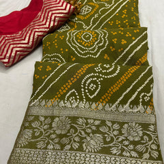 RUSSIAN SILK ZARI LEHERIYA BHANDEJ SAREE