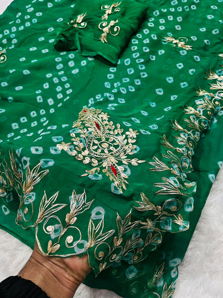 SEMI CHIFFON BANDHANI PITTAN WORK SAREE