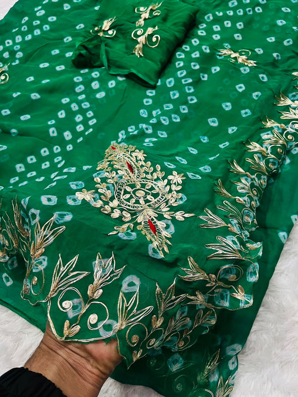 SEMI CHIFFON BANDHANI PITTAN WORK SAREE