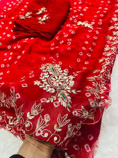 SEMI CHIFFON BANDHANI PITTAN WORK SAREE