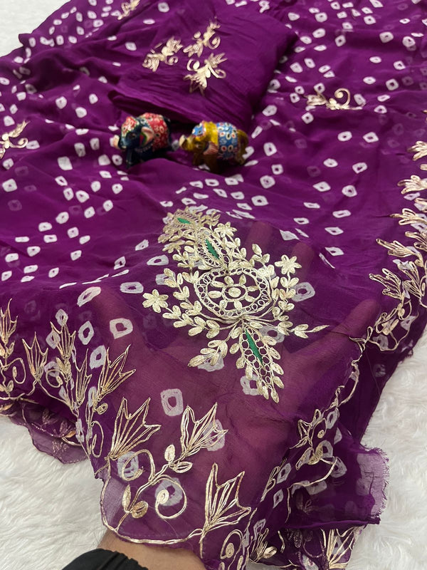 SEMI CHIFFON BANDHANI PITTAN WORK SAREE