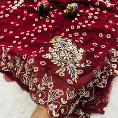 SEMI CHIFFON BANDHANI PITTAN WORK SAREE