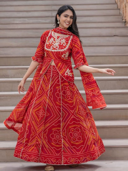 BHANDEJ SLIT KURTA SKIRT WITH DUPATTA INDO WESTERN