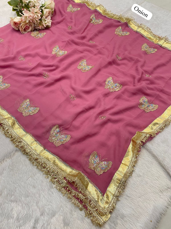 ORIGINAL THAKURJI GEORGETTE TARA SITARA KATDANA WORK Saree