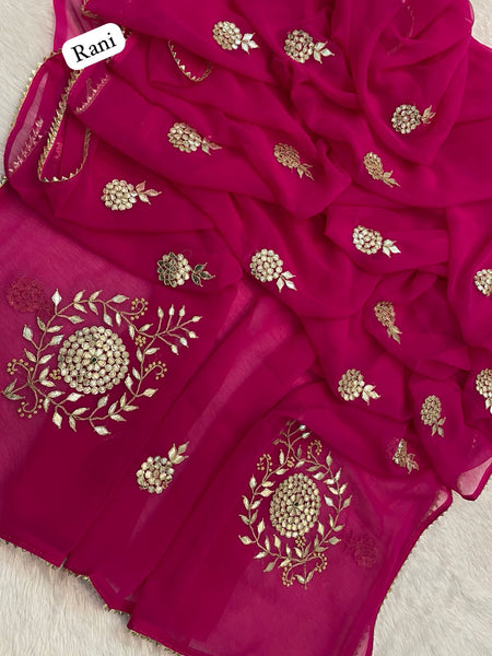 Kacchi Patti work Semi Chiffon saree