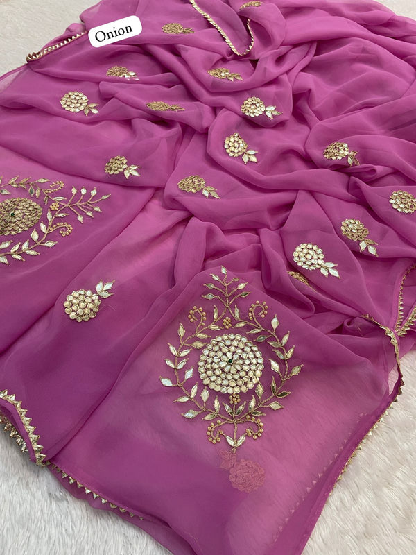 Kacchi Patti work Semi Chiffon saree