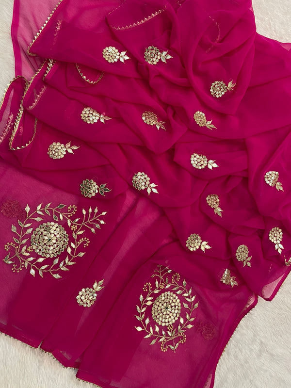 Kacchi Patti work Semi Chiffon saree