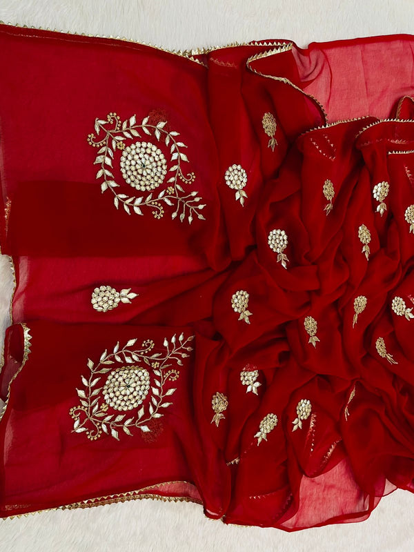 Kacchi Patti work Semi Chiffon saree