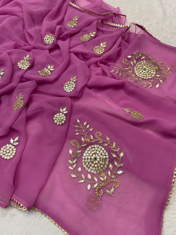 Kacchi Patti work Semi Chiffon saree