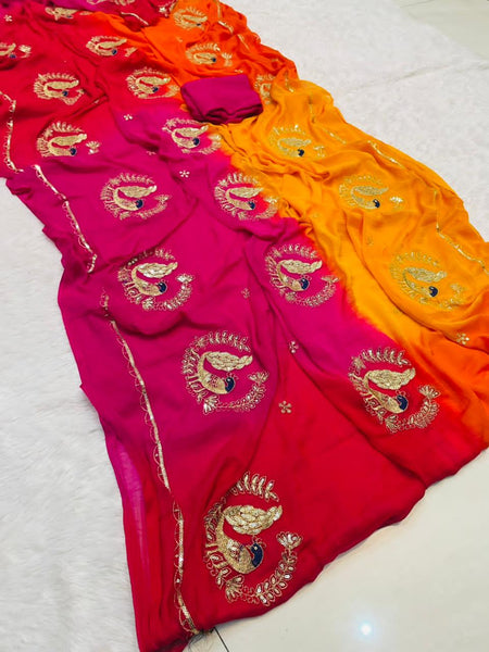 Jaipuri Hand dye Semi chiffon Rajwadi work