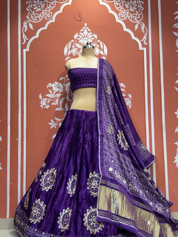 Satin Gazi Silk Bhandej Gota Work Lehenga