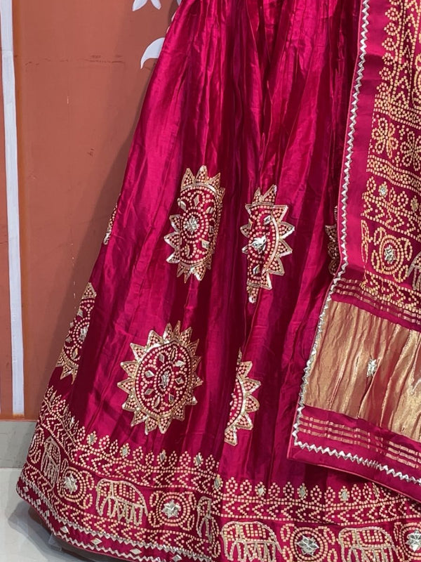 Satin Gazi Silk Bhandej Gota Work Lehenga