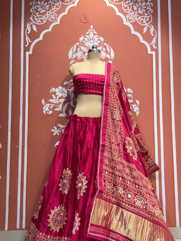 Satin Gazi Silk Bhandej Gota Work Lehenga
