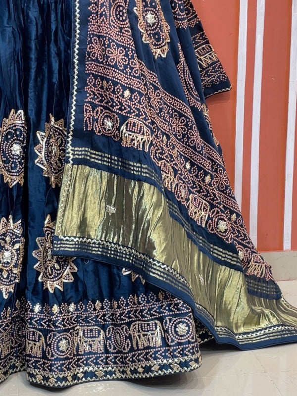 Satin Gazi Silk Bhandej Gota Work Lehenga