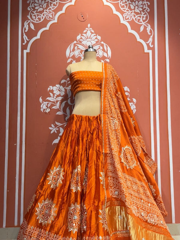 Satin Gazi Silk Bhandej Gota Work Lehenga