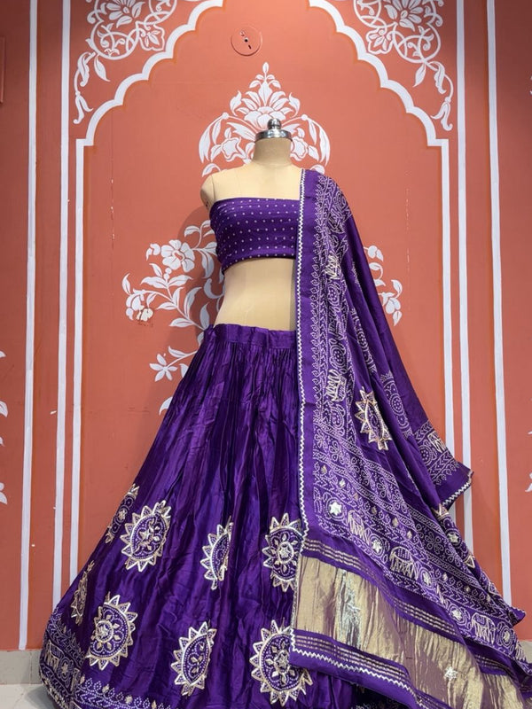 Satin Gazi Silk Bhandej Gota Work Lehenga