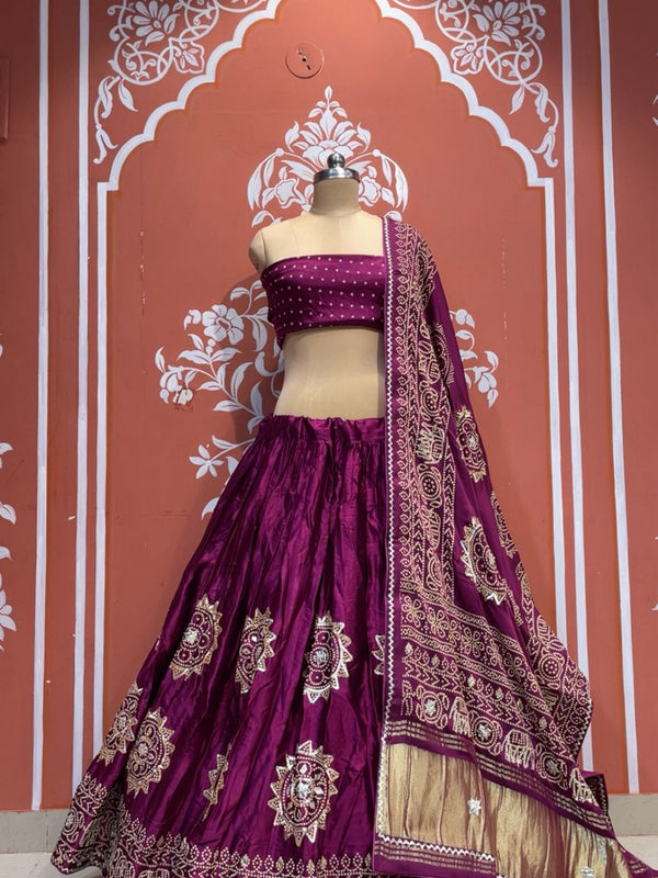 Satin Gazi Silk Bhandej Gota Work Lehenga