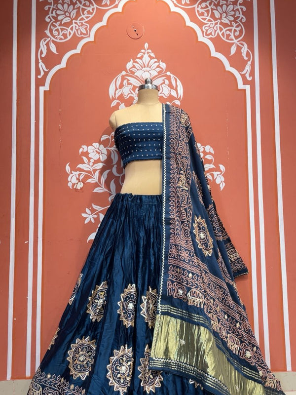 Satin Gazi Silk Bhandej Gota Work Lehenga
