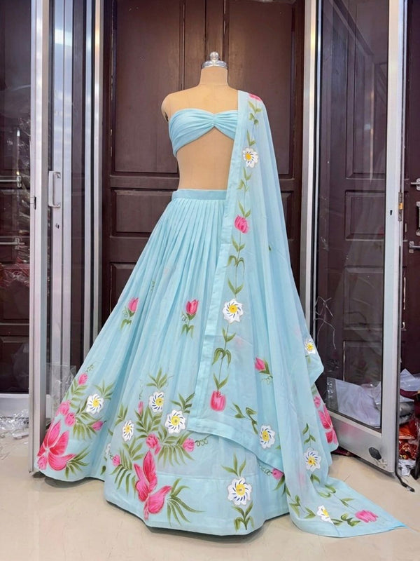 Brush Paint Floral Lehenga