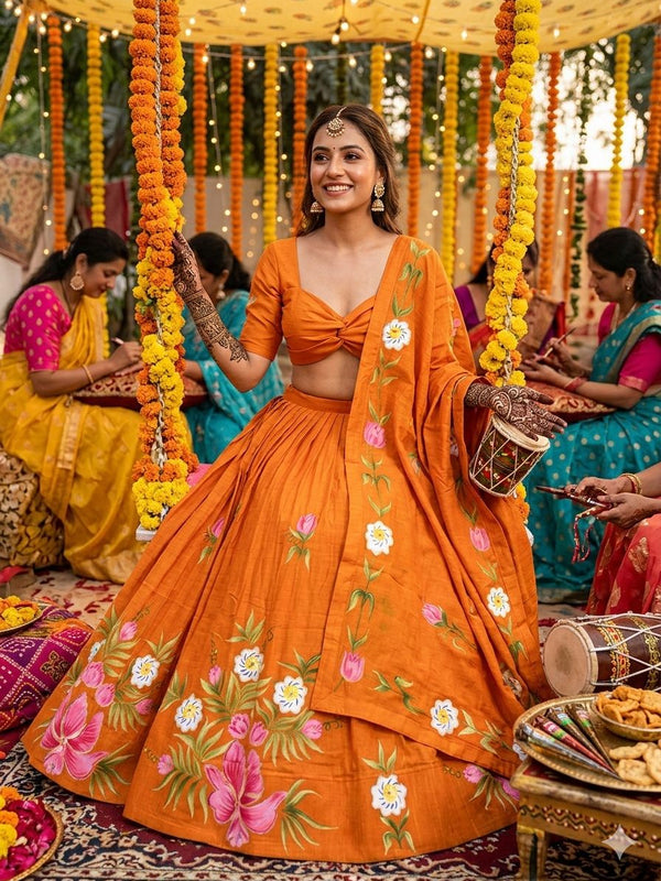 Brush Paint Floral Lehenga