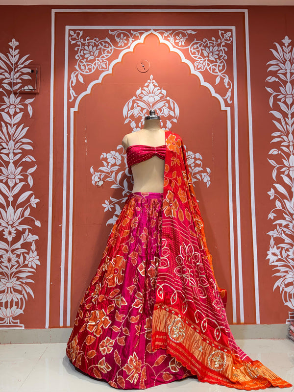 Gajji Satin Bandhej Lehenga