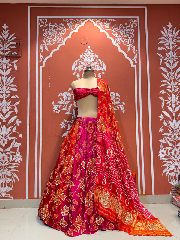 Gajji Satin Bandhej Lehenga