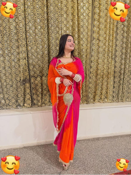 Half Pure Shiffon Patra Mirror Handwork Saree