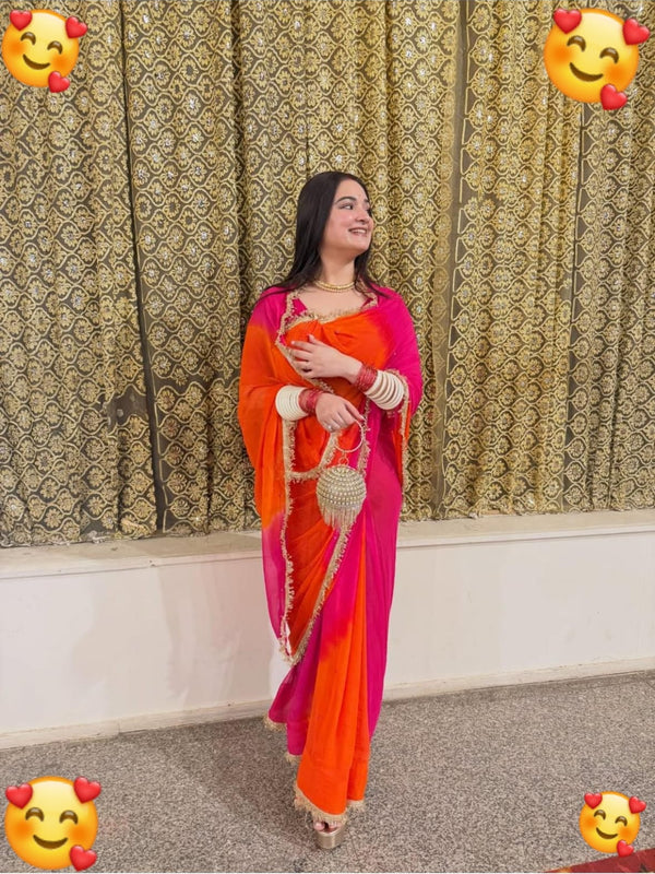 Half Pure Shiffon Patra Mirror Handwork Saree