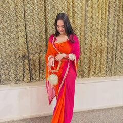 Half Pure Shiffon Patra Mirror Handwork Saree