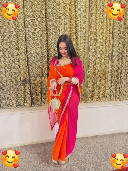 Half Pure Shiffon Patra Mirror Handwork Saree