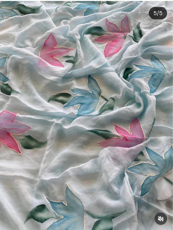 Multi Colour Handwork Chiffon Saree