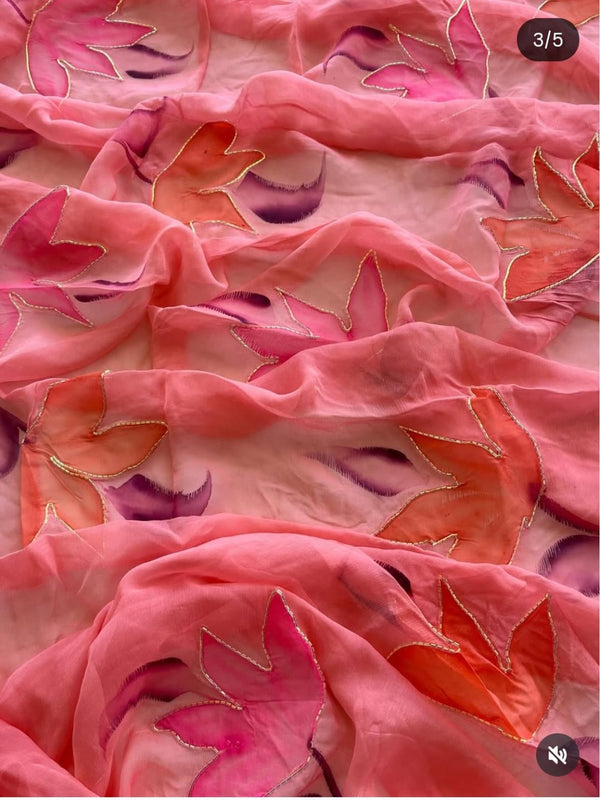 Multi Colour Handwork Chiffon Saree