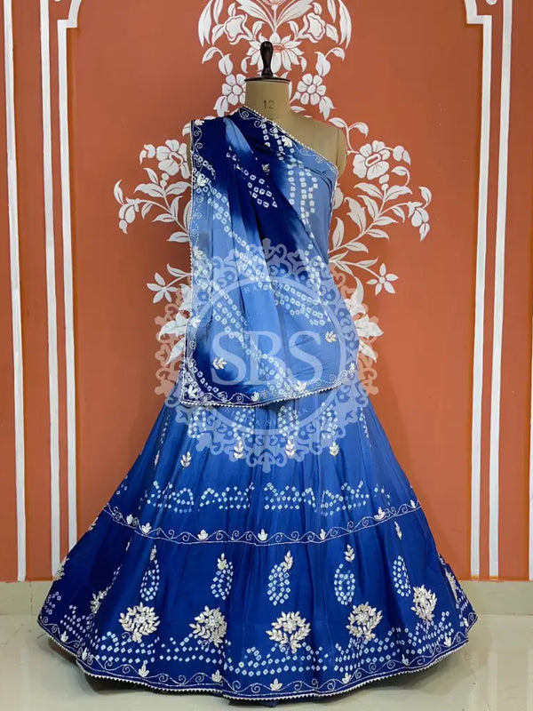 AARI GOTA PATTI CHINON BHANDEJ LEHENGA Blue / Free Size
