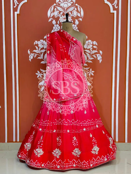 AARI GOTA PATTI CHINON BHANDEJ LEHENGA Pink / Free Size