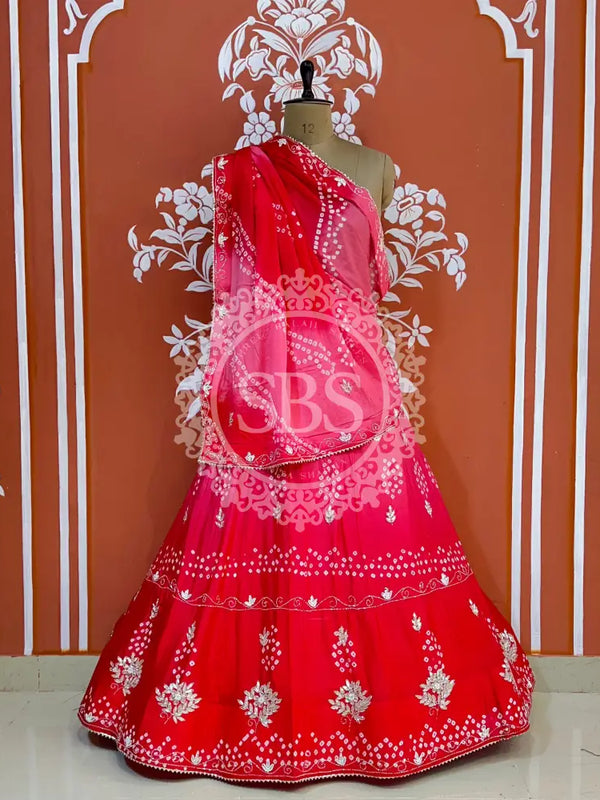 AARI GOTA PATTI CHINON BHANDEJ LEHENGA Pink / Free Size