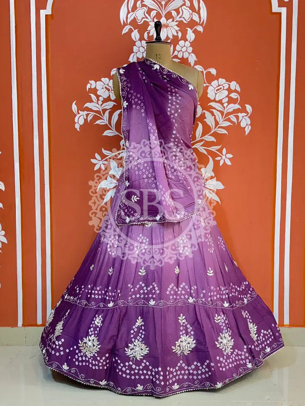 AARI GOTA PATTI CHINON BHANDEJ LEHENGA Purple / Free Size