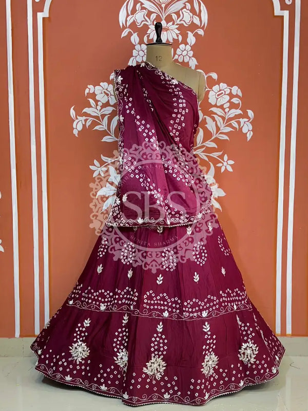 AARI GOTA PATTI CHINON BHANDEJ LEHENGA Wine / Free Size