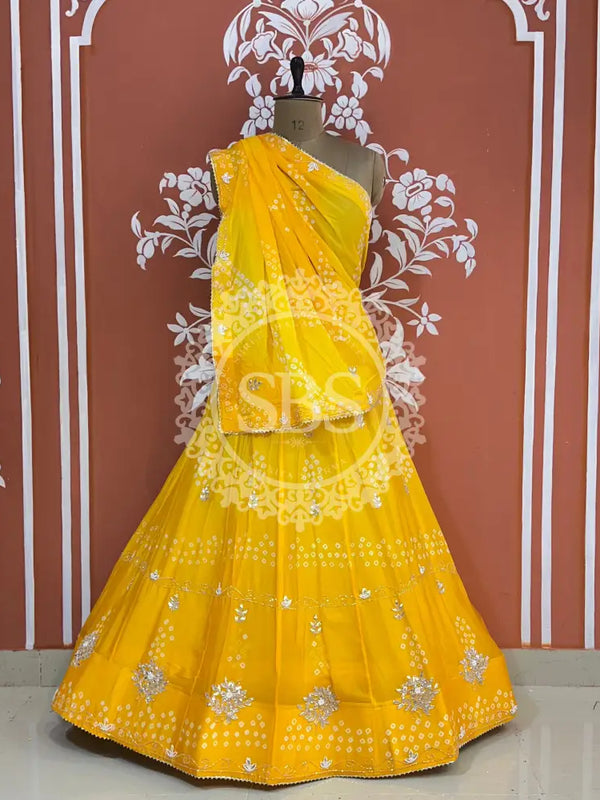 AARI GOTA PATTI CHINON BHANDEJ LEHENGA Yellow / Free Size