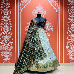 BANARSI GHATCHOLA LEHENGA Green & Sky Blue / Free Size