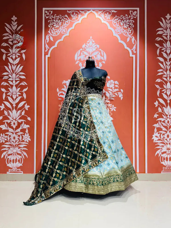 BANARSI GHATCHOLA LEHENGA Green & Sky Blue / Free Size