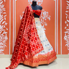 BANARSI GHATCHOLA LEHENGA Red & White / Free Size