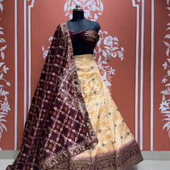 BANARSI GHATCHOLA LEHENGA Wine & Cream / Free Size