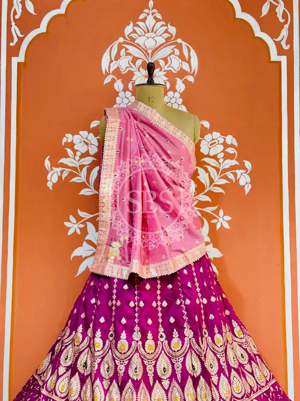 BANARSI ZARI HANDWORK LEHENGA Pink & Purple / Free Size