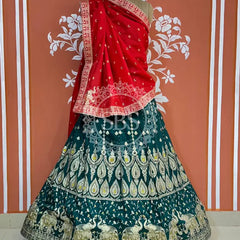 BANARSI ZARI HANDWORK LEHENGA Red & Dark Green / Free Size