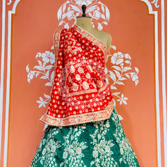 BANARSI ZARI HANDWORK LEHENGA Red & Green / Free Size
