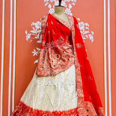 BANARSI ZARI WORK PEACOCK LEHENGA Red & White